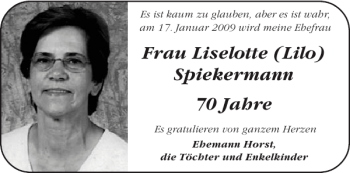 Glückwunschanzeige von Frau Liselotte Lilo Spiekermann von Aachener Zeitung / Aachener Nachrichten