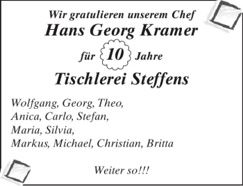 Glückwunschanzeige von Hans Georg Kramer Tischlerei Steffens von Aachener Zeitung / Aachener Nachrichten