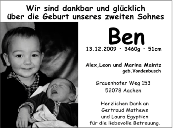 Glückwunschanzeige von Ben  von Aachener Zeitung / Aachener Nachrichten