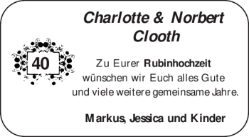 Glückwunschanzeige von Charlotte Norbert Clooth von Aachener Zeitung / Aachener Nachrichten