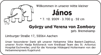 Glückwunschanzeige von János  von Aachener Zeitung / Aachener Nachrichten