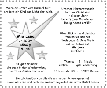 Glückwunschanzeige von Mia Lena von Aachener Zeitung / Aachener Nachrichten