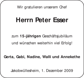 Glückwunschanzeige von Peter Esser von Aachener Zeitung / Aachener Nachrichten