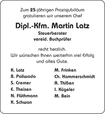 Glückwunschanzeige von Dipl.-Kfm. Martin Latz von Aachener Zeitung / Aachener Nachrichten