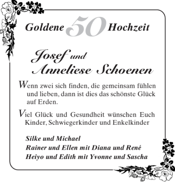 Glückwunschanzeige von Josef Anneliese Schoenen von Aachener Zeitung / Aachener Nachrichten