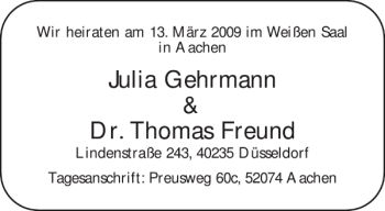Glückwunschanzeige von Julia Gehrmann Dr. Thomas Freund von Aachener Zeitung / Aachener Nachrichten
