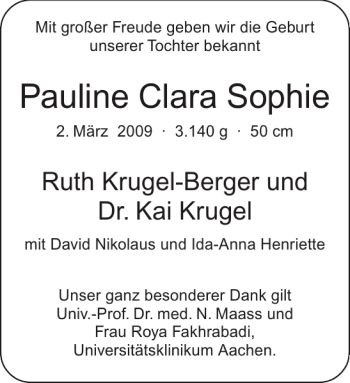Glückwunschanzeige von Pauline Clara Sophie von Aachener Zeitung / Aachener Nachrichten