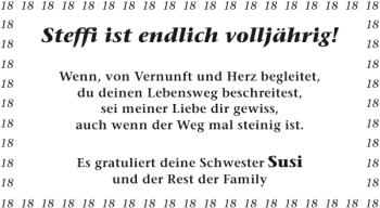 Glückwunschanzeige von Steffi ist volljährig von Aachener Zeitung / Aachener Nachrichten