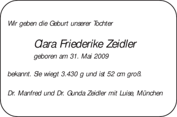 Glückwunschanzeige von Clara Friederike Zeidler von Aachener Zeitung / Aachener Nachrichten