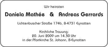 Glückwunschanzeige von Daniela Mathée Andreas Gerrards von Aachener Zeitung / Aachener Nachrichten