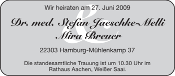 Glückwunschanzeige von Dr. med. Stefan Jaeschke-Melli Mira Breuer  von Aachener Zeitung / Aachener Nachrichten