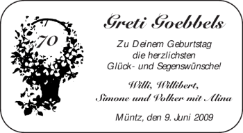Glückwunschanzeige von Greti Goebbels von Aachener Zeitung / Aachener Nachrichten