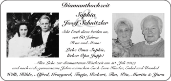 Glückwunschanzeige von Diamanthochzeit Sophia Josef Schnitzler von Aachener Zeitung / Aachener Nachrichten