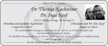 Glückwunschanzeige von Dr. Thomas Nachreiner Dr. Inga Neef  von Aachener Zeitung / Aachener Nachrichten