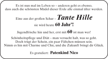 Glückwunschanzeige von Tante Hille von Aachener Zeitung / Aachener Nachrichten