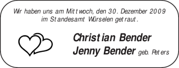 Glückwunschanzeige von Christian Bender Jenny Bender von Aachener Zeitung / Aachener Nachrichten