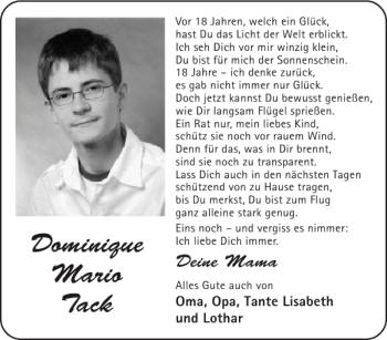 Glückwunschanzeige von Dominique Mario Tack von Aachener Zeitung / Aachener Nachrichten