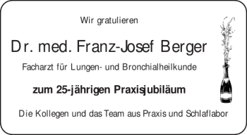 Glückwunschanzeige von Dr. med. Franz-Josef Berger von Aachener Zeitung / Aachener Nachrichten