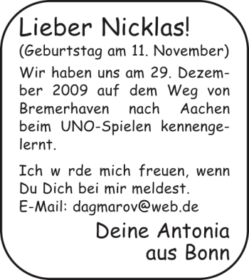 Glückwunschanzeige von Nicklas  von Aachener Zeitung / Aachener Nachrichten