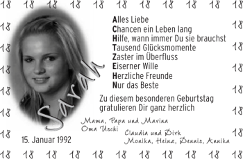 Glückwunschanzeige von Sarah  von Aachener Zeitung / Aachener Nachrichten