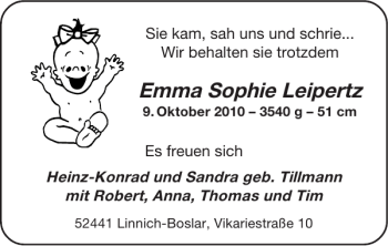Glückwunschanzeige von Emma Sophie Leipertz von Super Sonntag / Super Mittwoch