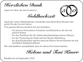 Glückwunschanzeige von Goldhochzeit Helene und Toni Knorr von Super Sonntag / Super Mittwoch