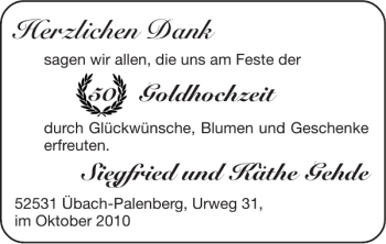 Glückwunschanzeige von Goldhochzeit Siegfried und Käthe Gehde von Super Sonntag / Super Mittwoch