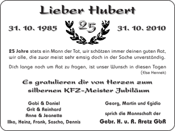 Glückwunschanzeige von Lieber Hubert von Super Sonntag / Super Mittwoch