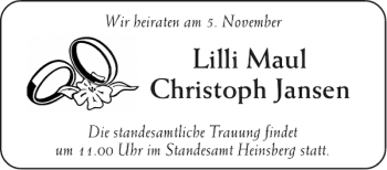 Glückwunschanzeige von Lilli Maul Christoph Jansen von Aachener Zeitung / Aachener Nachrichten