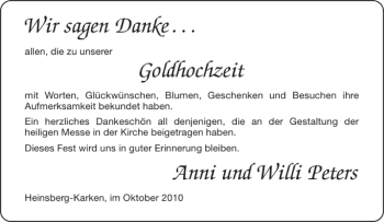 Glückwunschanzeige von e Goldhochzeit Anni und Willi Peters  von Aachener Zeitung / Aachener Nachrichten