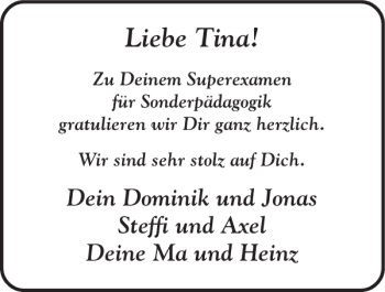 Glückwunschanzeige von Liebe Tina von Super Sonntag / Super Mittwoch