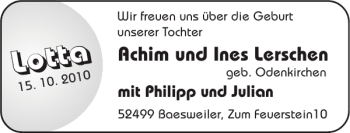 Glückwunschanzeige von Lotta Lotta von Super Sonntag / Super Mittwoch