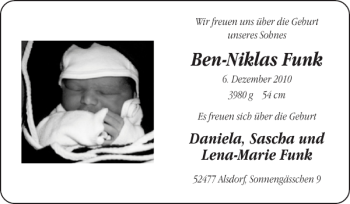 Glückwunschanzeige von Ben-Niklas Funk von Super Sonntag / Super Mittwoch