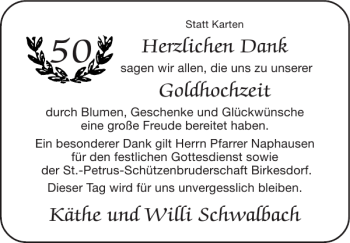 Glückwunschanzeige von Goldhochzeit Käthe und Willi Schwalbach von Super Sonntag / Super Mittwoch