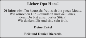 Glückwunschanzeige von Opa Hans von Aachener Zeitung / Aachener Nachrichten