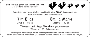 Glückwunschanzeige von Tim Elias Emilia Marie von Super Sonntag / Super Mittwoch