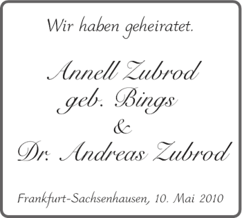 Glückwunschanzeige von Annell Zubrod geb. Bings Dr. Andreas Zubrod  von Aachener Zeitung / Aachener Nachrichten