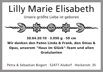 Glückwunschanzeige von Lilly Marie Elisabeth von Super Sonntag / Super Mittwoch