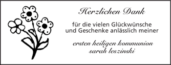 Glückwunschanzeige von ersten heiligen kommunion sarah leszinski von Super Sonntag / Super Mittwoch