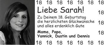 Glückwunschanzeige von Sarah  von Aachener Zeitung / Aachener Nachrichten