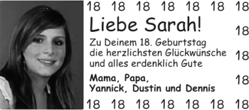 Glückwunschanzeige von Sarah  von Aachener Zeitung / Aachener Nachrichten