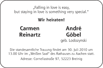 Glückwunschanzeige von Carmen Reinartz und André Göbel von Aachener Zeitung / Aachener Nachrichten