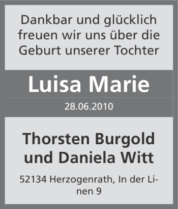 Glückwunschanzeige von Luisa Marie von Super Sonntag / Super Mittwoch