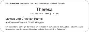 Glückwunschanzeige von Theresa  von Aachener Zeitung / Aachener Nachrichten