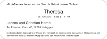 Glückwunschanzeige von Theresa  von Aachener Zeitung / Aachener Nachrichten