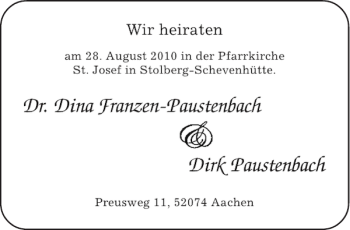 Glückwunschanzeige von Dr. Dina Franzen-Paustenbach Dirk Paustenbach von Aachener Zeitung / Aachener Nachrichten