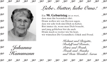Glückwunschanzeige von Johanna Hansmann Mutter Oma von Aachener Zeitung / Aachener Nachrichten