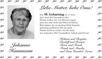 Glückwunschanzeige von Johanna Hansmann Mutter Oma von Aachener Zeitung / Aachener Nachrichten