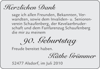 Glückwunschanzeige von Käthe Grümmer von Super Sonntag / Super Mittwoch