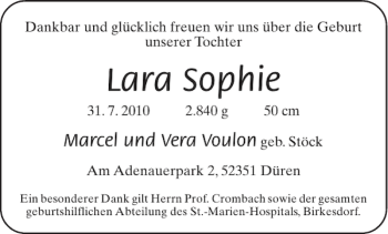 Glückwunschanzeige von Lara Sophie von Aachener Zeitung / Aachener Nachrichten